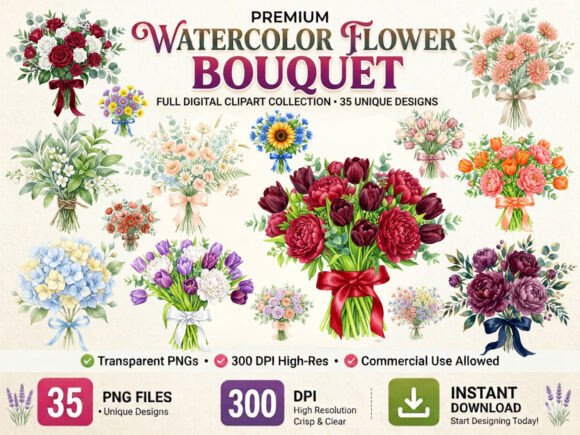 Download Watercolor Flower Bouquet Clipart Bundle - Premium Bundle